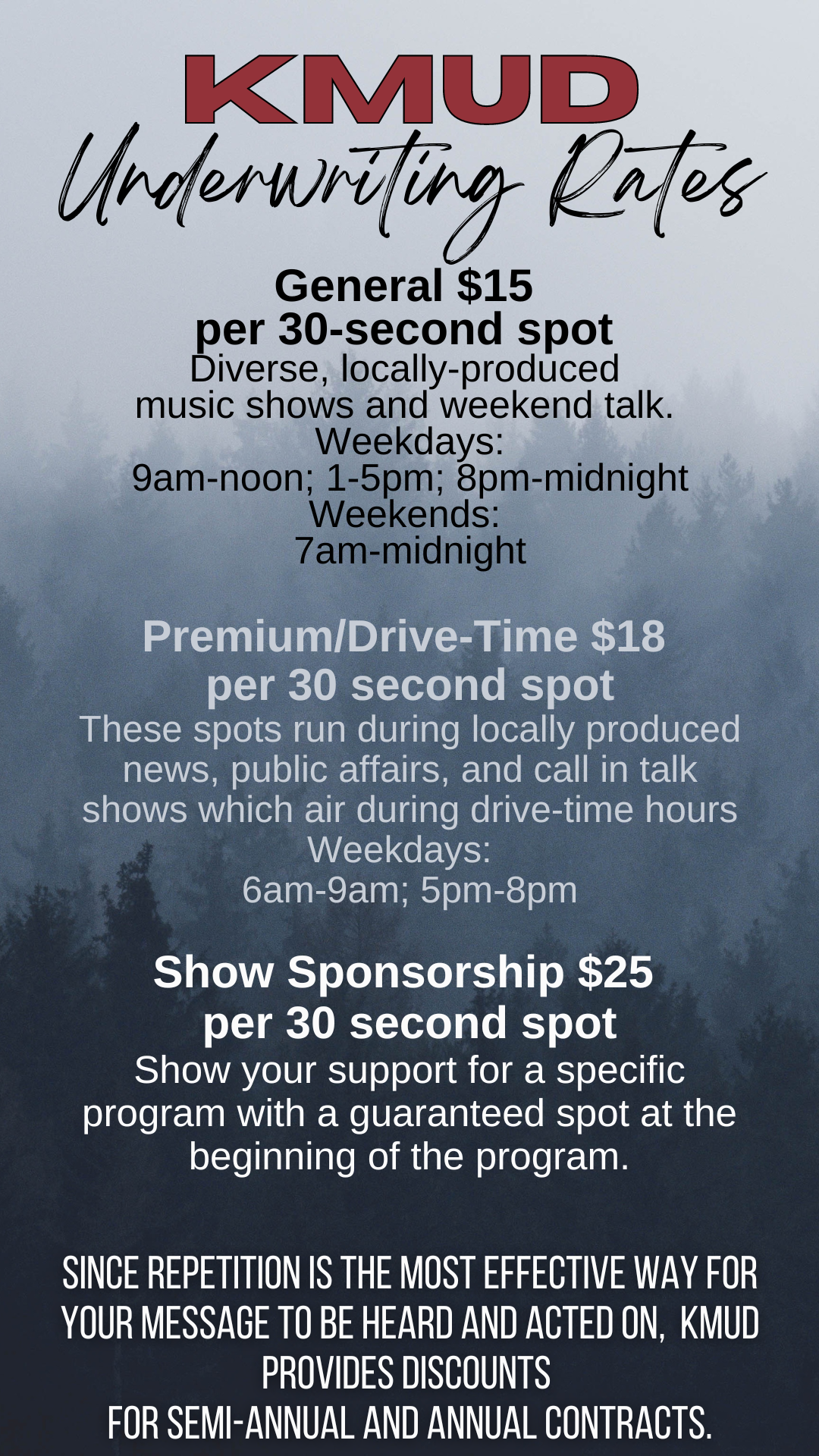 PremiumDrive-Time $18 These spots run during locally produced news, public affairs, and call in talk shows which air during drive-time hours Weekdays 6am-9am; 5pm-8pm