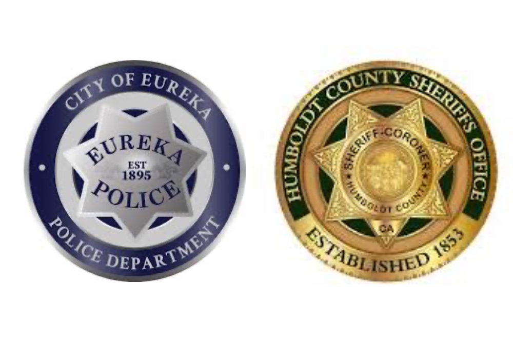 Blue and silver round badge for eureka police department on the left, gold and green round badge for Humboldt County sheriffs office on the right.