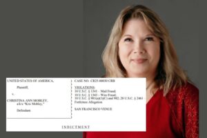 professional photo of blonde woman wearing a red shirt against a grey background with a part of an indictment document imposed on the top of the image