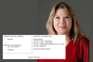 professional photo of blonde woman wearing a red shirt against a grey background with a part of an indictment document imposed on the top of the image